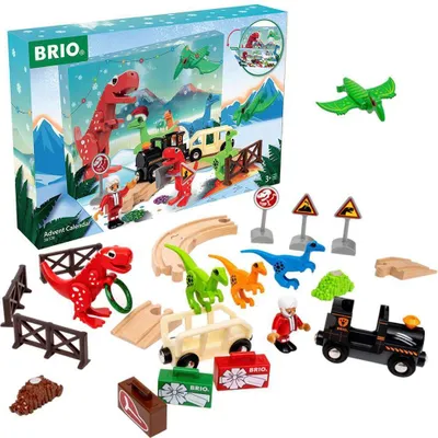 A BRIO Advent Calendar with dinosaur-themed toys, including a train, figures, and track pieces, displayed with the packaging.