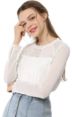 Produktbild von Allegra K Damen Langarm Crew Neck Panel Spitze Blumen Top Bluse Weiß M