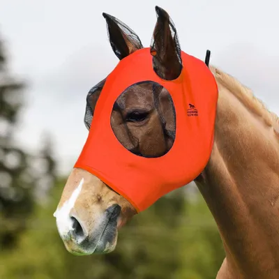 Imagen del producto de Máscara para caballos, fabricada con malla suave, orejas de color naranja brillante, protección contra insectos