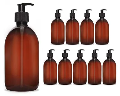 Zdjęcie produktu dla 10 sztuk brązowych butelek PET o pojemności 500 ml, gwint ROPP28, z dozownikiem mydła i zakrętkami