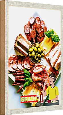 Produktbild von Holzschild Reise 20x30cm Spanien Europa Garnelen Oliven Wurst