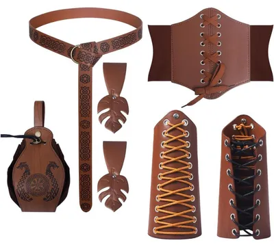 Immagine prodotto di Set di accessori da donna in stile medievale, composto da 5 pezzi: corpetto, cintura, bracciali protettivi, marsupio e fermaglio per abiti, colore marrone