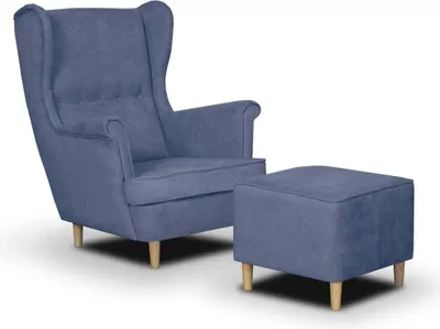 Produktbild von KomfortWelt24 Ohrensessel mit Hocker - Skandinavischer Sessel ELITE für Wohnzimmer & Esszimmer - Farbe Marineblau
