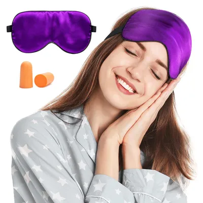 Image de Masque de sommeil en soie, 100 % doux pour la peau, pour femmes et hommes, confortable, livré avec une pochette de voyage, idéal pour dormir à la maison ou en voyage – violet