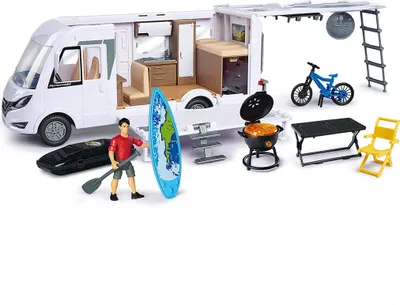 A toy camper van set with various accessories.
