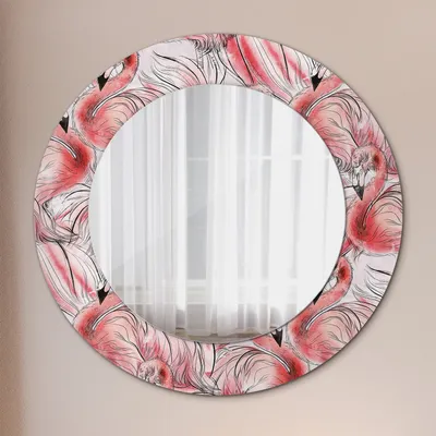 Produktbild von Wohnzimmer Spiegel - Mirror zum Wandspiegel Schlafzimmer – Schminkspiegel - Flamingo Muster - Rund: Ø50cm