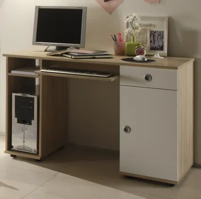 Zdjęcie produktu dla Schreibtisch >Floris< 1 Tür, 1 Schub, Tastaturauszug, Sonoma Eiche Dekor - 120x78x60cm (BxHxT)