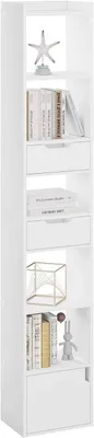 Image de Étagère de rangement avec 6 compartiments, 2 tiroirs et 1 porte, en blanc/chêne clair | 33 x 24 x 181 cm