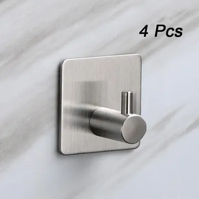 Imagen del producto de Paquete de 4 ganchos adhesivos para pared – soporte para toallas de baño, soporte para toallas de cocina, ganchos autoadhesivos de acero inoxidable, color plateado