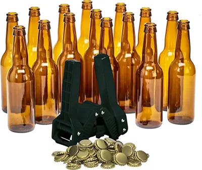 Produktbild von Brew Monkey® Flaschen Set | 13 Bierflaschen, Kronenverkorker und 25 Kronkorken | Leere Bierflaschen für ein Bierbrauset | Verschlussgerät | Manueller