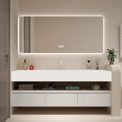 Produktbild von Wandhängendes Badezimmermöbel-Set, weißes Sinterstein-Waschbecken, Spiegel, Unterschrank und Abflusszubehör 150×55cm 【YTC913-150】