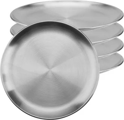 Obrázek produktu pro Nerezové talíře pro venkovní použití - 5 kusů, průměr 20 cm - kulatá grilovací deska - odolné povětrnostním vlivům - stříbrné kovové talíře - vhodné pro kempování, grilování a piknik