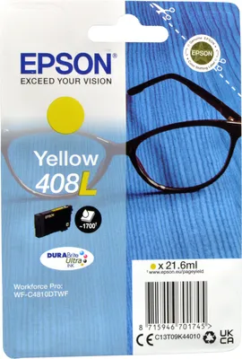 Produktbild von Epson Singlepack Yellow 408L DURABrite Ultra Ink, Hohe (XL-) Ausbeute, Gelb, Tinte auf Pigmentbasis, 21,6 ml, 1 Stück(e), Einzelpackung