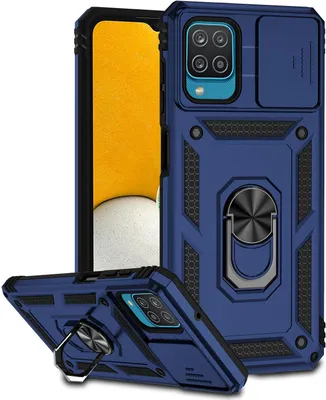 Image de Étui pour Samsung Galaxy A12 étui double couche avec couvercle coulissant pour l'appareil photo et anneau de support bleu