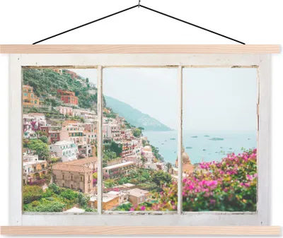 Produktbild von MuchoWow® Textilposter Aussicht - Meer - Berge 120x80 cm mit holzfarbenen Rahmen - Aufhängeset