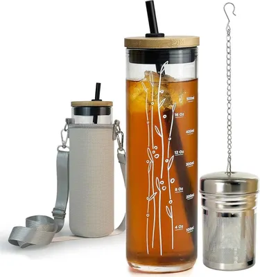 Produktbild von drinmoaer 600ml Glas-Trinkbecher mit Strohhalm, Bambusdeckel und Zubehör