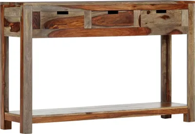 A front view of a wooden console table with three drawers and a lower shelf, set against a white background.