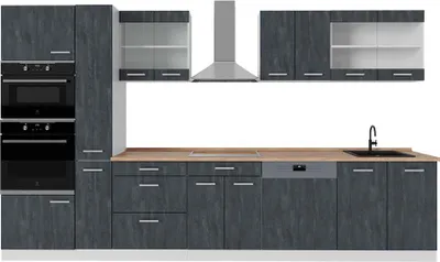 Produktbild von Küchenzeile Vicco R-Line Schwarz Beton/Weiß 350 cm AP Eiche, Model 47454