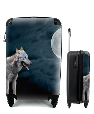 Produktbild von MuchoWow® Koffer Handgepäck Trolley Rollkoffer Kleine Reisekoffer mit 4 Rollen - Wolf - Mond - Nacht - Tiere - Porträt - Cabin Size < 55x40x23 cm & 55x40x20 cm - Fotokoffer - Kabinenkoffer - Boardgepäck - Reise-Box - Reisekoffer - Reisegepäck - Koffer mit Bild - Trolley für Kinder