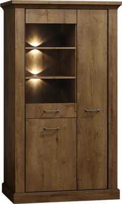 A wooden vitrine with glass doors and internal lighting.