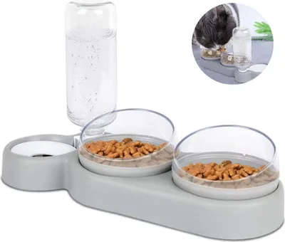 Produktbild von Doppelnapf für Katzen,15 ° Neigung Anti-Erbrechen Katzenschüssel,3 in 1Futternapf Katzen,mit automatischem Wasserspender，Doppelte Futternapf kleine und mittlere Katzen und Hunde