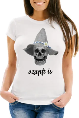 Produktbild von T-Shirt Damen ozapft is Totenkopf Filzhut Bayrisch Bayern Skull Slim Fit Moonworks® weiß XS