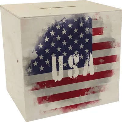 Produktbild von Spardose aus Holz USA-Flagge im Used Look - Sparschwein für Urlauber