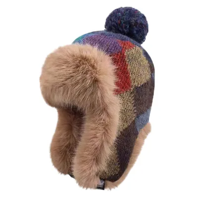 Produktbild von Strickmützen Damen Plüsch Wintermütze mit Ohrenschützer und Bommel, Braun