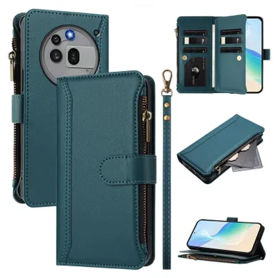 Image de Étui pour Nothing Phone 3A Pro, étui à fermeture éclair en cuirPolyuréthaneavec pochettes pour cartes, support et boucle pour les mains, vert