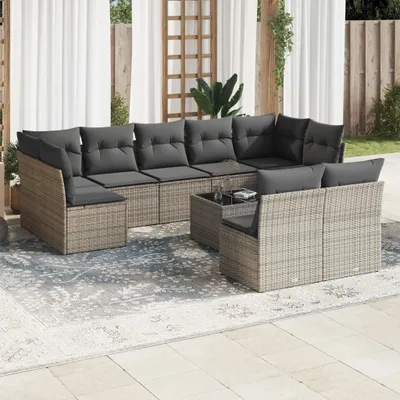 Produktbild von CLORIS 10-tlg. Garten-Sofagarnitur mit Kissen Grau Poly Rattan - Gartenmöbelgarnituren 426