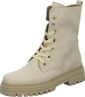 A single beige lace-up boot is shown against a white background.