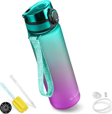 Produktbild von Famanu Trinkflasche für Kinder, auslaufsicher, 500 ml, mit Strohhalm, BPA-frei, lila/grün