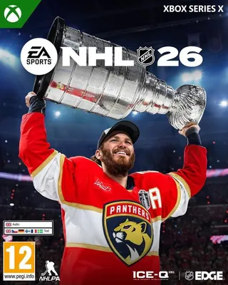 A hockey player holding up the Stanley Cup trophy, with the game's logo and branding visible.