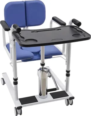 Produktbild von Patientenlifter & Transferstuhl - Hydraulischer Rollstuhl/Duschstuhl - Tragkraft 150 kg - Höhe 41–65 cm - Geteilte Sitzfläche 180° - Rollen mit Bremse (4) - Blau