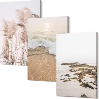 Produktbild von Wandbild – Leinwandbild – Leinwandbilder – Polycanvas – Kunstdruck – Modern – Panorama – Mehrteilig – 3-Teilig Set – Hochwertig – Lichtecht – Geruchslos – 20x30 Cm Je Element - Strandgraswellen und Meeressteine ​​im Boho-Stil