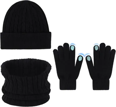 Produktbild von Beanie-Mütze, Schal, Handschuhe 3-in-1-Set, Winter, Touchscreen, Schwarz