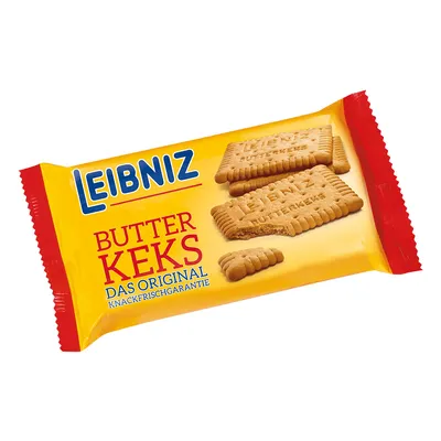A package of Leibniz Butterkeks (butter cookies) on a white background.
