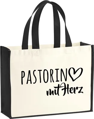 Produktbild von Huuraa Jutetasche Pastorin mit Herz 21 Liter Black Jute und Baumwolle Einkaufstasche Geschenkidee