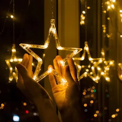 Produktbild von LAMON Weihnachtsbeleuchtung Lichtervorhang für Fenster, 12 Sterne, Warmweiß, 3.5m x 1m, 120 LEDs, Stromanschluss