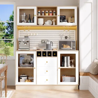 Image de Armoire de cuisine haute avec éclairage LED et plan de travail, dimensions 140x40x185,7 cm, aspect bois