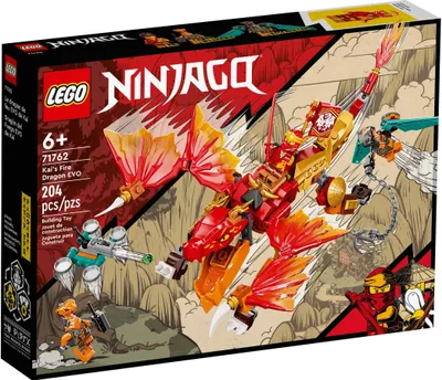 The image shows the packaging of a LEGO Ninjago Kai's Fire Dragon EVO building toy set, featuring the dragon and minifigures in an action scene.
