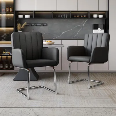 Produktbild von Flieks Polsterstühle 2er Set, Esszimmerstühle Freischwinger 2er Set, Besucherstühle Arbeitsstühle mit Armlehnen und Metallbeinen, PU, Schwarz Braun