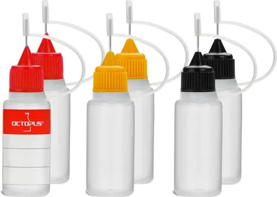 Obrázok produktu pre 6 plastových fliaš 10 ml z LDPE, G14, kvapkadlo s ihlovým uzáverom, po 2 ks v čiernej, červenej a žltej farbe