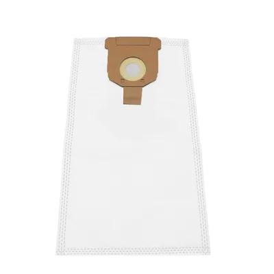 A single white vacuum cleaner bag with a brown cardboard connector on a white background.