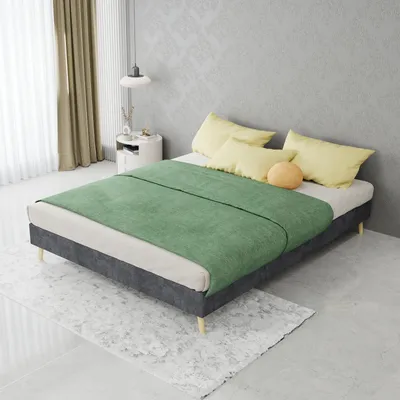 Zdjęcie produktu dla Łóżko tapicerowane 140x200 cm, niska rama łóżka z obiciem z weluru, płyta wiórowa o wysokiej gęstości i solidne drewniane nogi, nowoczesny design, kolor: szary