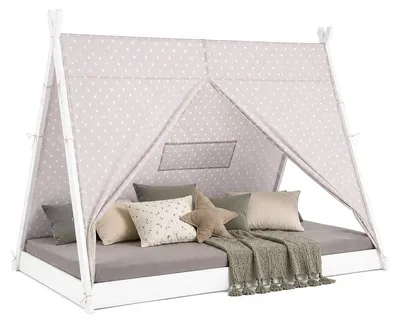 Produktbild von Homestyle4u Kinderbett 90x200 Hausbett Tipi Bett Holzbett Weiß mit Lattenrost