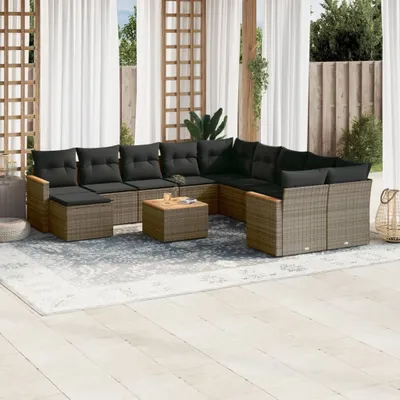 Produktbild von Design 12-tlg. Garten-Sofagarnitur mit Kissen Grau Poly Rattan, Gartenmöbel-Sets 2024 Neu