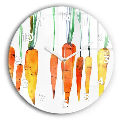 Produktbild von Wallfluent Große Wanduhr – Stilles Quarzuhrwerk - Uhr Dekoration Wohnzimmer Schlafzimmer Küche - Zifferblatt - weiße Zeiger - 60 cm - Illustration von Karotten