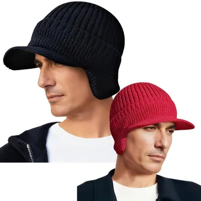 Produktbild von 2er Set Wintermütze mit Ohrenklappen Herren Strickmütze mit Schirm Schwarz+Weinrot