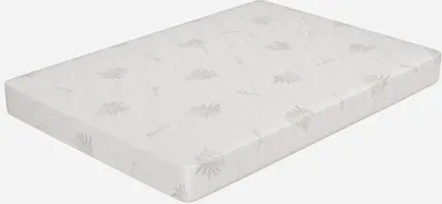 A white mattress with a subtle leaf pattern, shown at an angle on a plain white background.